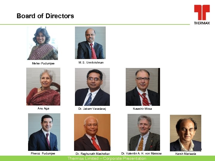 Board of Directors Meher Pudumjee M. S. Unnikrishnan Anu Aga Dr. Jairam Varadaraj Pheroz