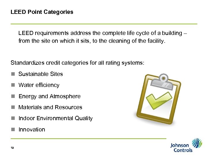 LEED Point Categories LEED requirements address the complete life cycle of a building –