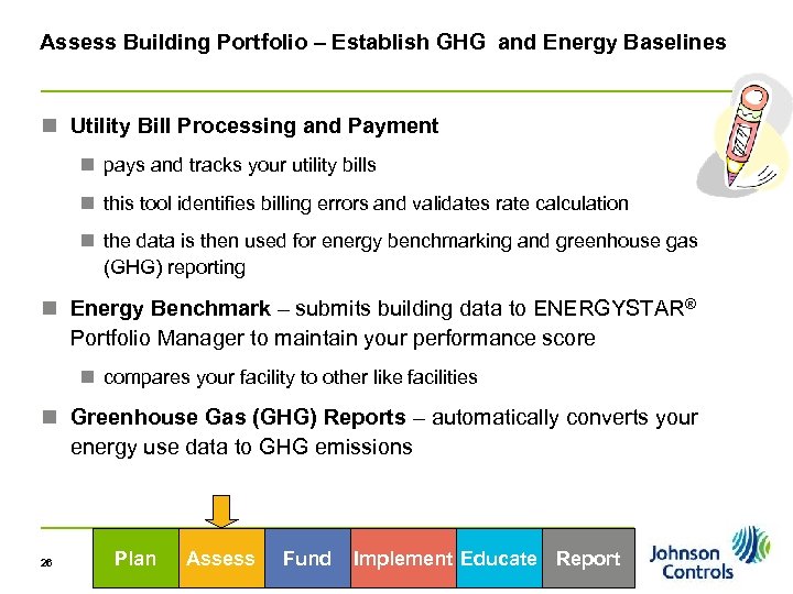 Assess Building Portfolio – Establish GHG and Energy Baselines n Utility Bill Processing and