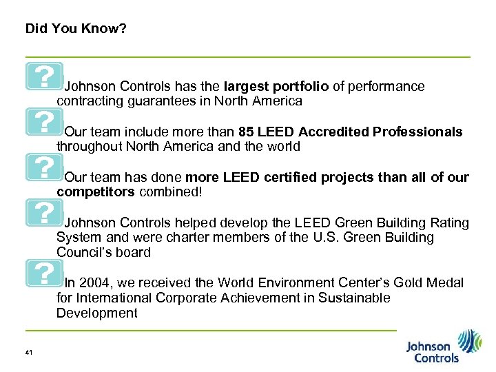 Did You Know? Johnson Controls has the largest portfolio of performance contracting guarantees in