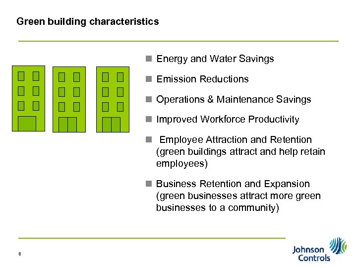 Green building characteristics n Energy and Water Savings n Emission Reductions n Operations &