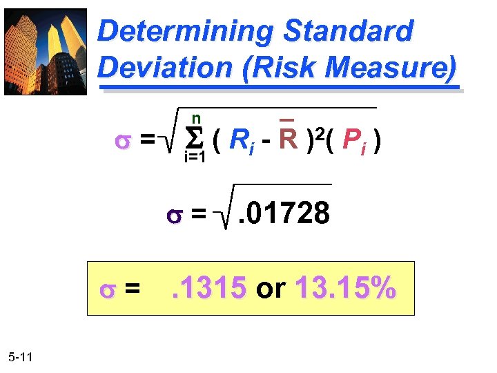 Determining Standard Deviation (Risk Measure) s= n S ( R i - R )