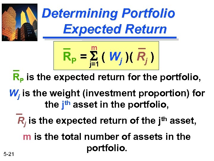 Determining Portfolio Expected Return m RP = S ( Wj )( Rj ) j=1