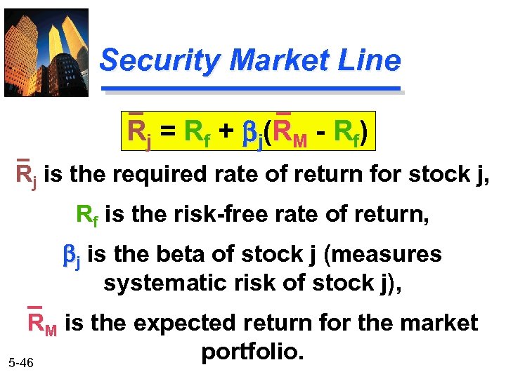 Security Market Line R j = R f + b j ( R M