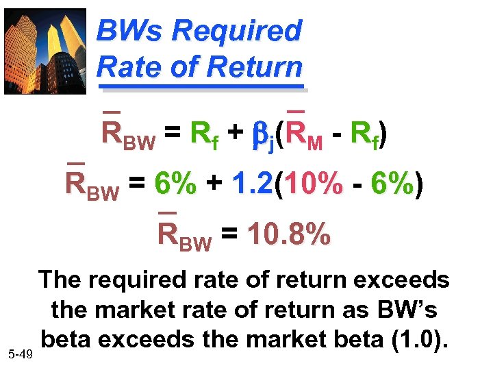 BWs Required Rate of Return RBW = Rf + bj(RM - Rf) RBW =