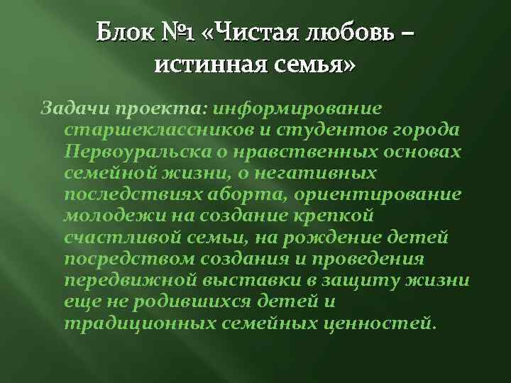 Блок № 1 «Чистая любовь – истинная семья» Задачи проекта: информирование старшеклассников и студентов
