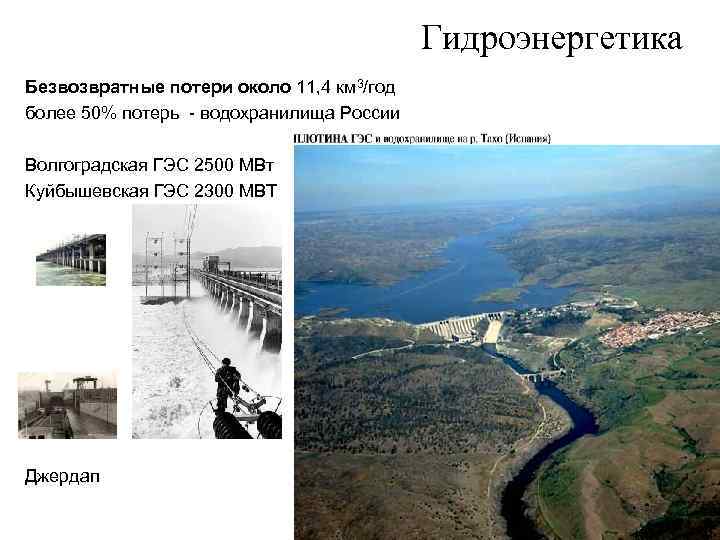 Гидроэнергетика Безвозвратные потери около 11, 4 км 3/год более 50% потерь - водохранилища России