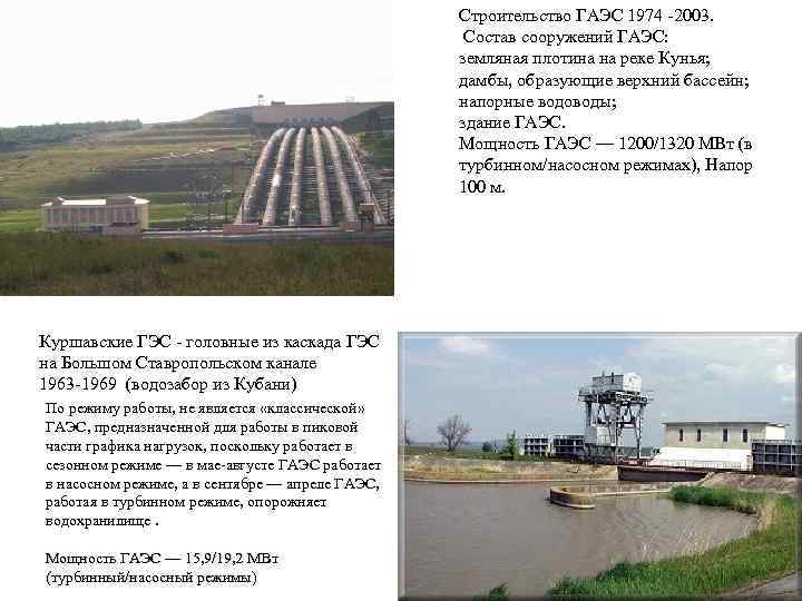 Строительство ГАЭС 1974 -2003. Состав сооружений ГАЭС: земляная плотина на реке Кунья; дамбы, образующие