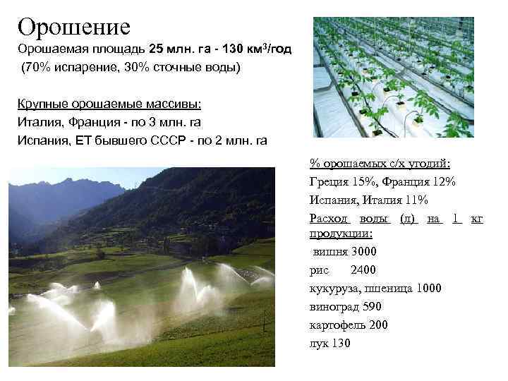 Орошение Орошаемая площадь 25 млн. га - 130 км 3/год (70% испарение, 30% сточные