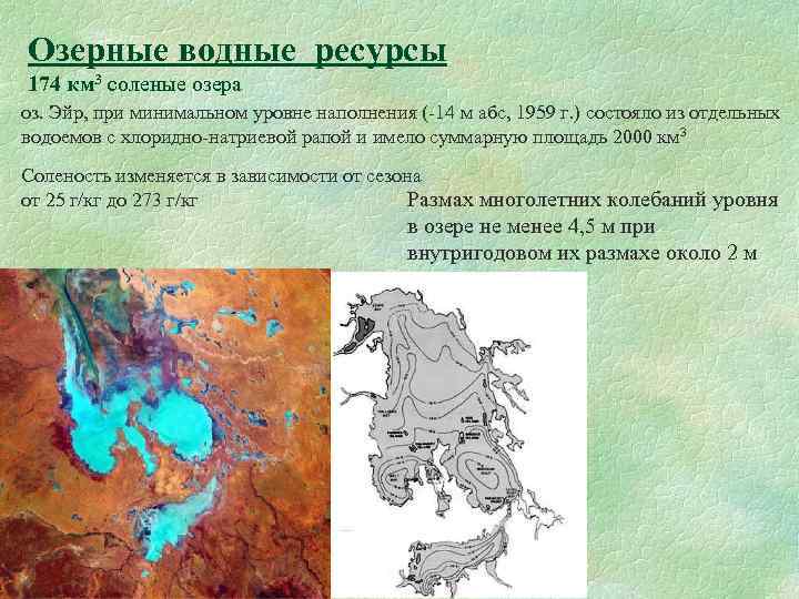 Озерные водные ресурсы 174 км 3 соленые озера оз. Эйр, при минимальном уровне наполнения