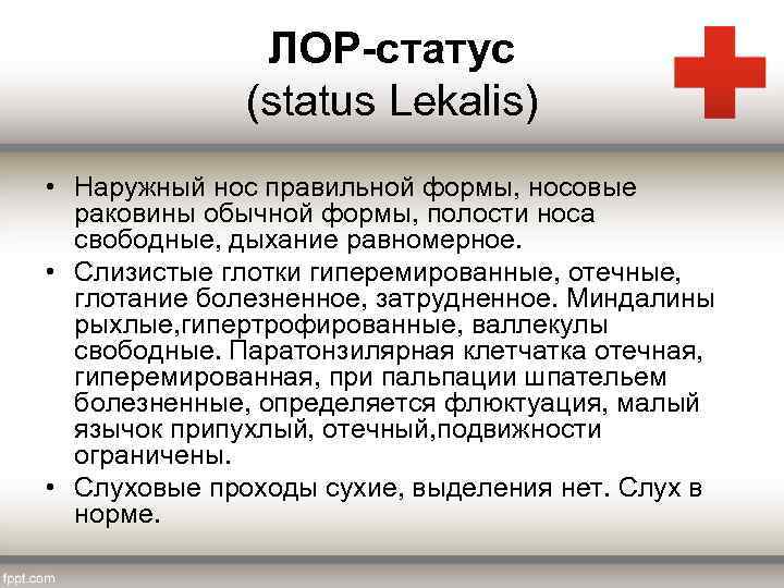 ЛОР-статус (status Lekalis) • Наружный нос правильной формы, носовые раковины обычной формы, полости носа