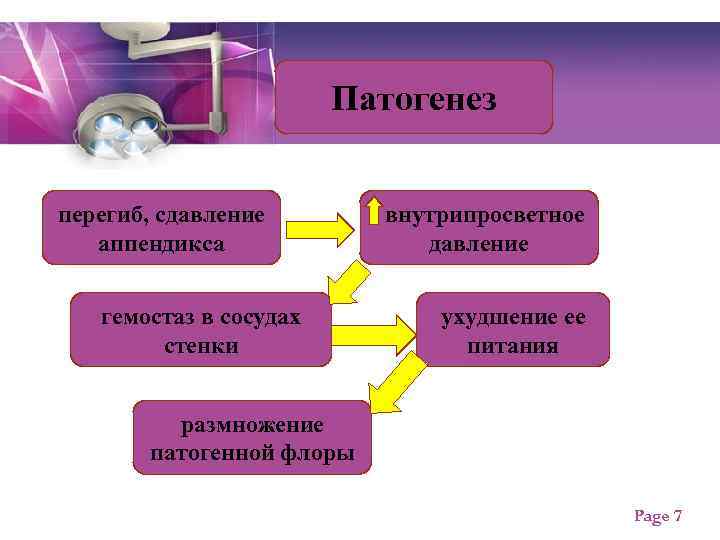 Патогенез перегиб, сдавление аппендикса гемостаз в сосудах стенки внутрипросветное давление ухудшение ее питания размножение