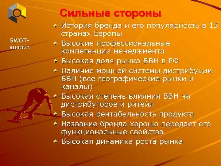 Сильные стороны SWOTанализ История бренда и его популярность в 15 странах Европы Высокие профессиональные