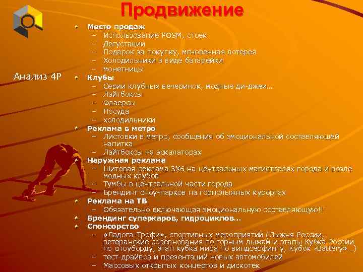 Продвижение Анализ 4 Р Место продаж – Использование POSM, стоек – Дегустации – Подарок