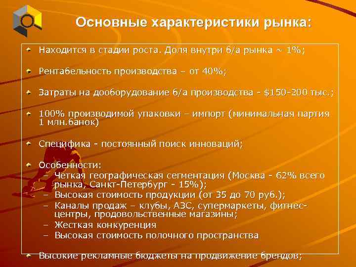 Основные характеристики рынка: Находится в стадии роста. Доля внутри б/а рынка ~ 1%; Рентабельность