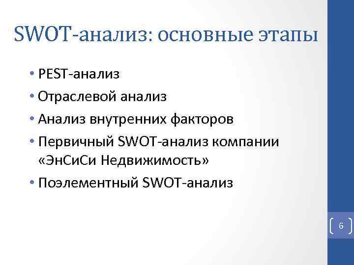 SWOT-анализ: основные этапы • PEST-анализ • Отраслевой анализ • Анализ внутренних факторов • Первичный