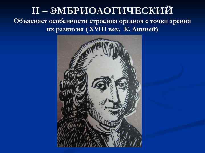 II – ЭМБРИОЛОГИЧЕСКИЙ Объясняет особенности строения органов с точки зрения их развития ( XVIII