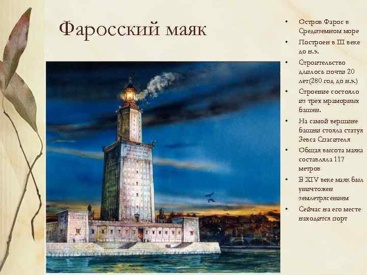 Фаросский маяк • • Остров Фарос в Средиземном море Построен в III веке до