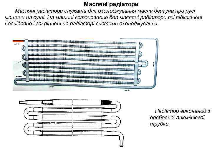 Масляні радіатори служать для охолоджування масла двигуна при русі машини на суші. На машині