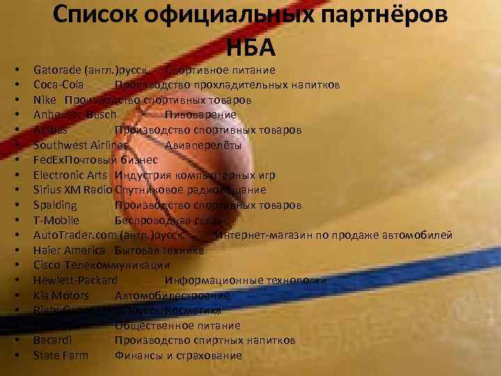  • • • • • Список официальных партнёров НБА Gatorade (англ. )русск. Спортивное