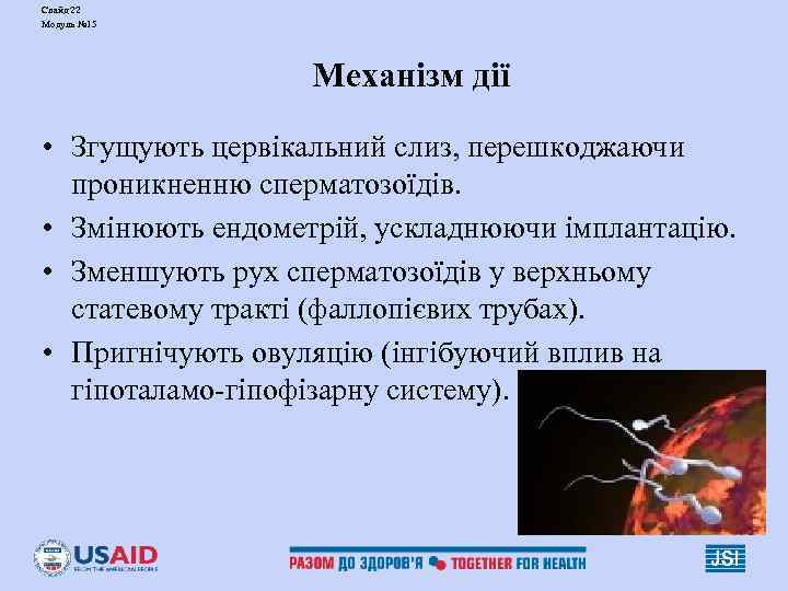 Слайд 22 Модуль № 15 Механізм дії • Згущують цервікальний слиз, перешкоджаючи проникненню сперматозоїдів.