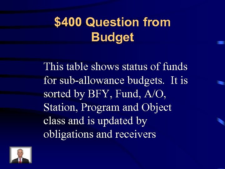 $400 Question from Budget This table shows status of funds for sub-allowance budgets. It