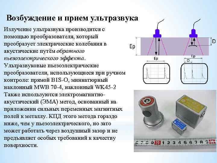Возбуждение и прием ультразвука Излучение ультразвука производится с помощью преобразователя, который преобразует электрические колебания