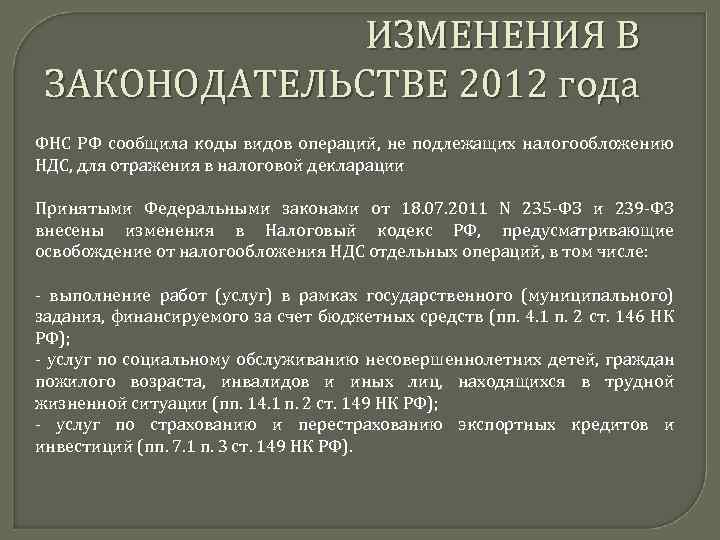 ИЗМЕНЕНИЯ В ЗАКОНОДАТЕЛЬСТВЕ 2012 года ФНС РФ сообщила коды видов операций, не подлежащих налогообложению