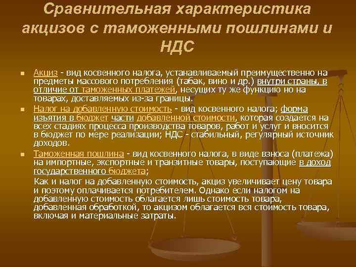 Сравнительная характеристика акцизов с таможенными пошлинами и НДС Акциз вид косвенного налога, устанавливаемый преимущественно