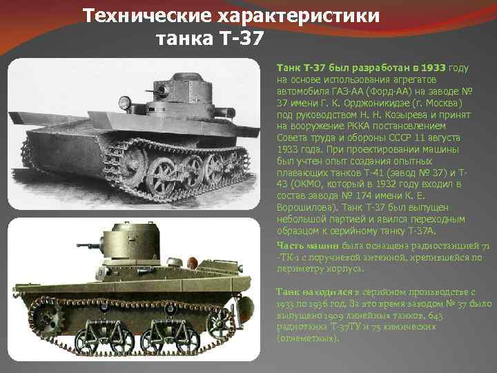 Технические характеристики танка T-37 Танк Т-37 был разработан в 1933 году на основе использования