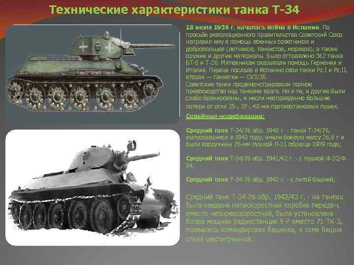 Технические характеристики танка T-34 18 июля 1936 г. началась война в Испании. По просьбе