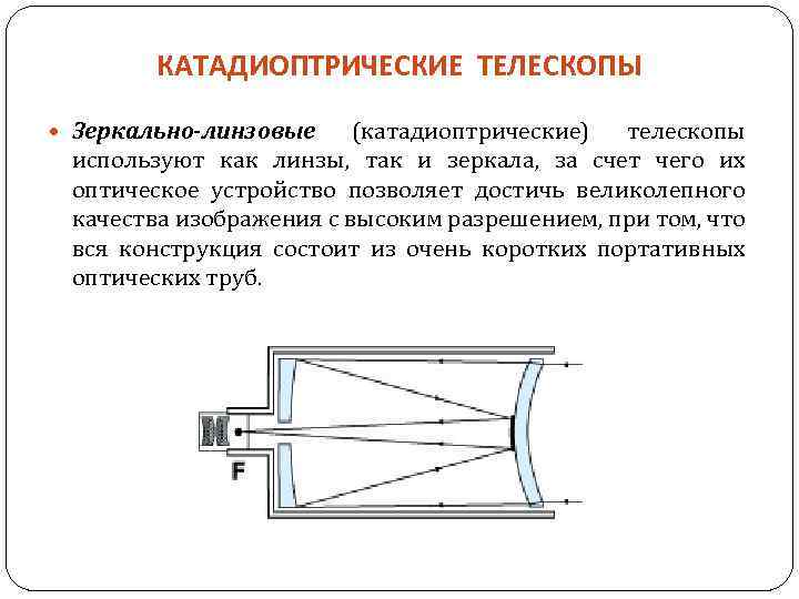 КАТАДИОПТРИЧЕСКИЕ ТЕЛЕСКОПЫ Зеркально-линзовые (катадиоптрические) телескопы используют как линзы, так и зеркала, за счет чего