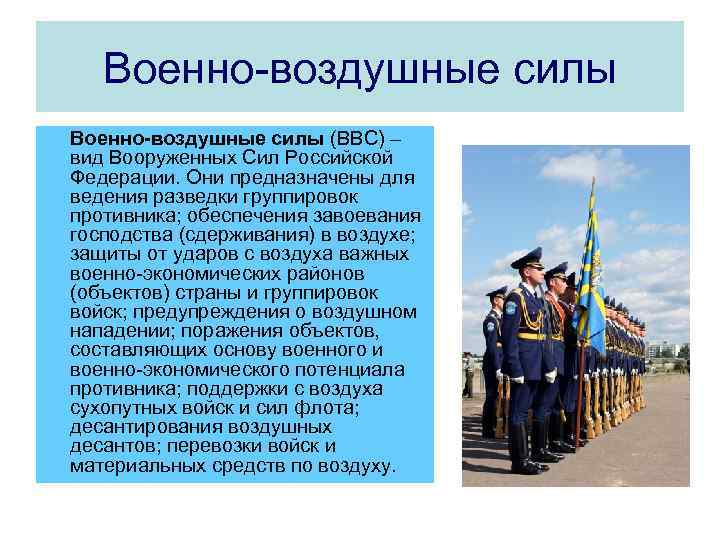 Военно-воздушные силы (ВВС) – вид Вооруженных Сил Российской Федерации. Они предназначены для ведения разведки