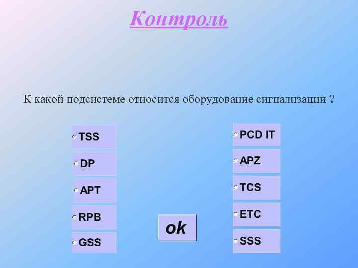 Контроль К какой подсистеме относится оборудование сигнализации ? 