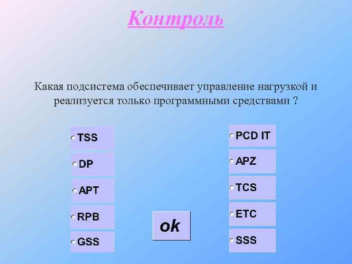 Контроль Какая подсистема обеспечивает управление нагрузкой и реализуется только программными средствами ? 