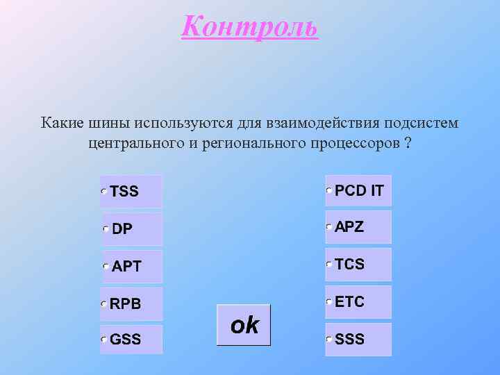 Контроль Какие шины используются для взаимодействия подсистем центрального и регионального процессоров ? 