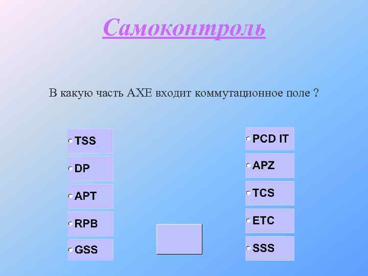 Самоконтроль В какую часть АХЕ входит коммутационное поле ? 