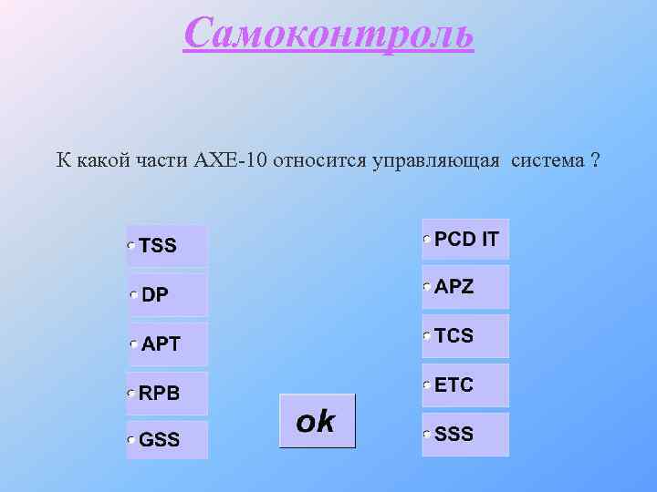 Самоконтроль К какой части АХЕ-10 относится управляющая система ? 