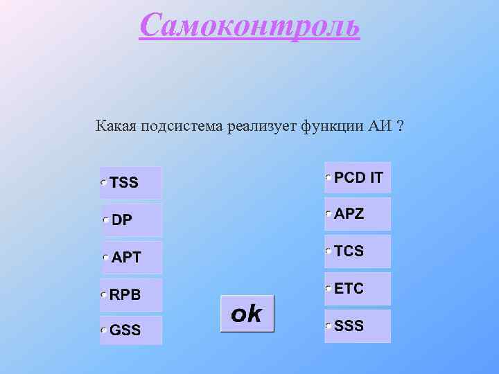 Самоконтроль Какая подсистема реализует функции АИ ? 