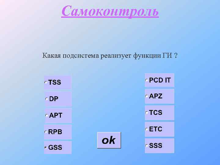 Самоконтроль Какая подсистема реализует функции ГИ ? 