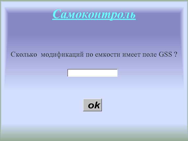 Самоконтроль Сколько модификаций по емкости имеет поле GSS ? 