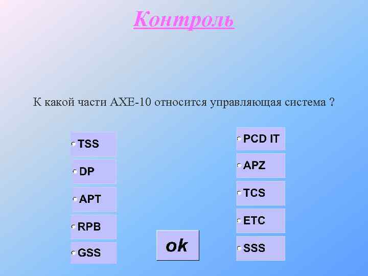 Контроль К какой части АХЕ-10 относится управляющая система ? 