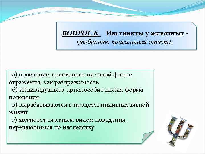 ВОПРОС 6. Инстинкты у животных (выберите правильный ответ): а) поведение, основанное на такой форме