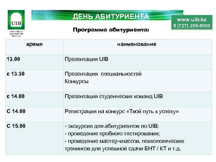 ДЕНЬ АБИТУРИЕНТА Программа абитуриента: время www. uib. kz 8 (727) 259 -8000 наименование 13.