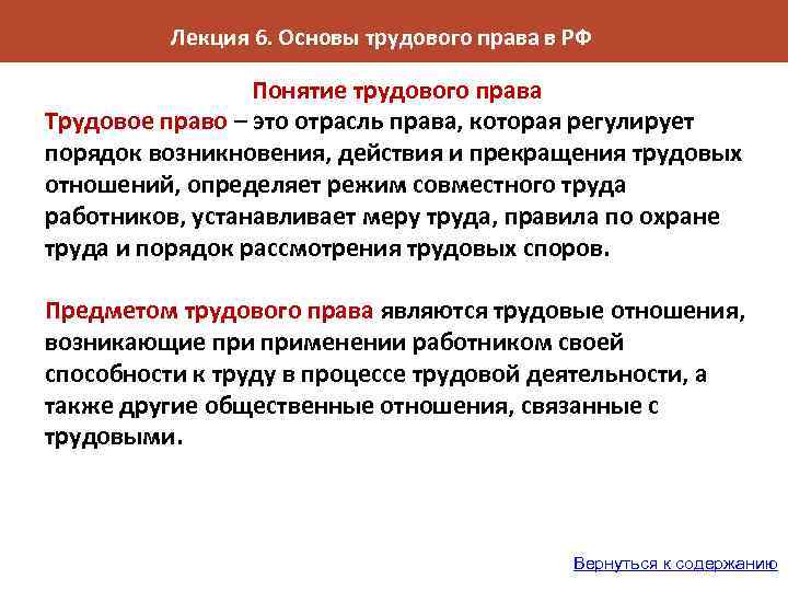 План на тему основы трудовых правоотношений в рф