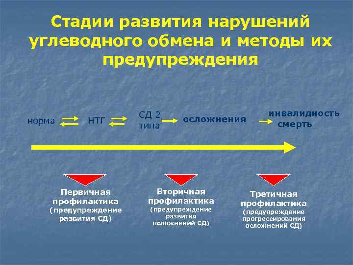 Стадии развития нарушений углеводного обмена и методы их предупреждения норма НТГ Первичная профилактика (предупреждение