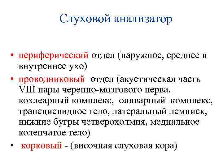 Слуховой анализатор • периферический отдел (наружное, среднее и внутреннее ухо) • проводниковый отдел (акустическая