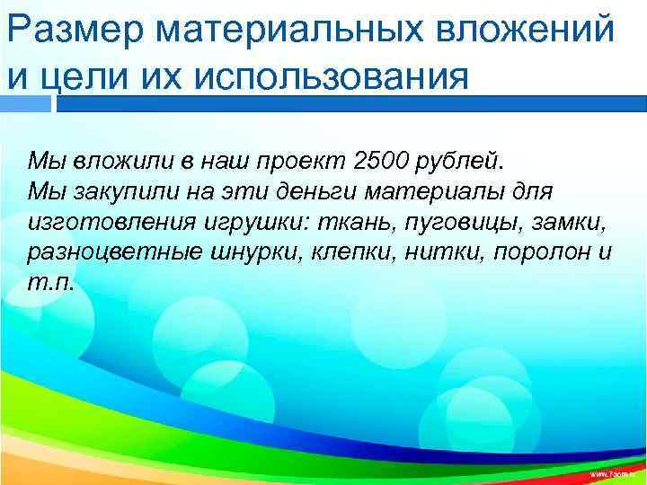Размер материальных вложений и цели их использования Мы вложили в наш проект 2500 рублей.