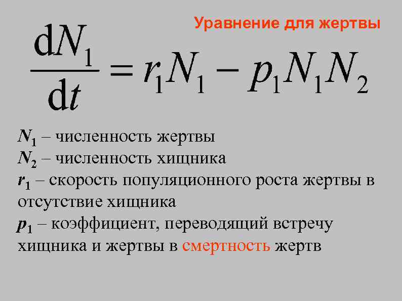 Уравнение для жертвы N 1 – численность жертвы N 2 – численность хищника r