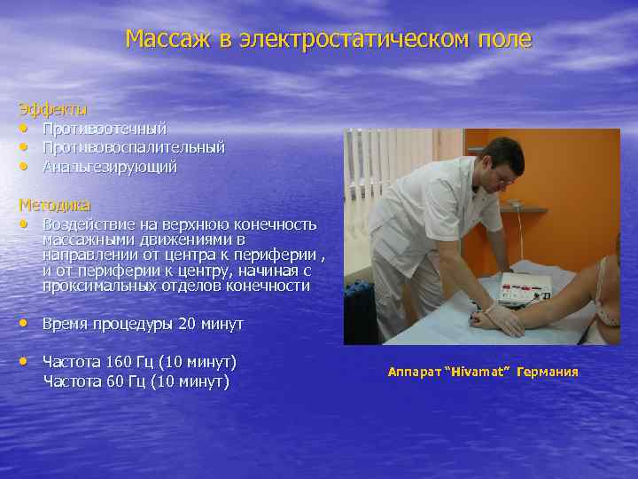 Массаж в электростатическом поле Эффекты • Противоотечный • Противовоспалительный • Анальгезирующий Методика • Воздействие